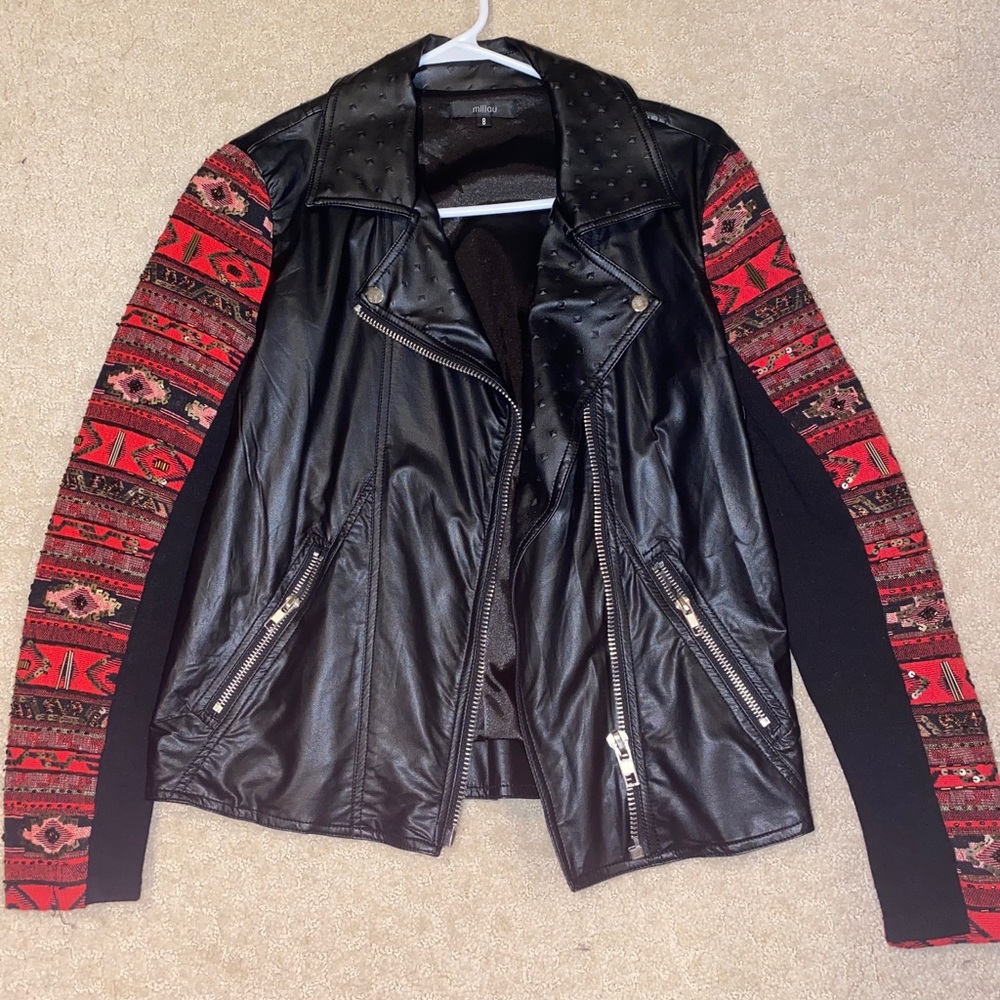 Black (faux) leather jacket w/ red beaded sleeves